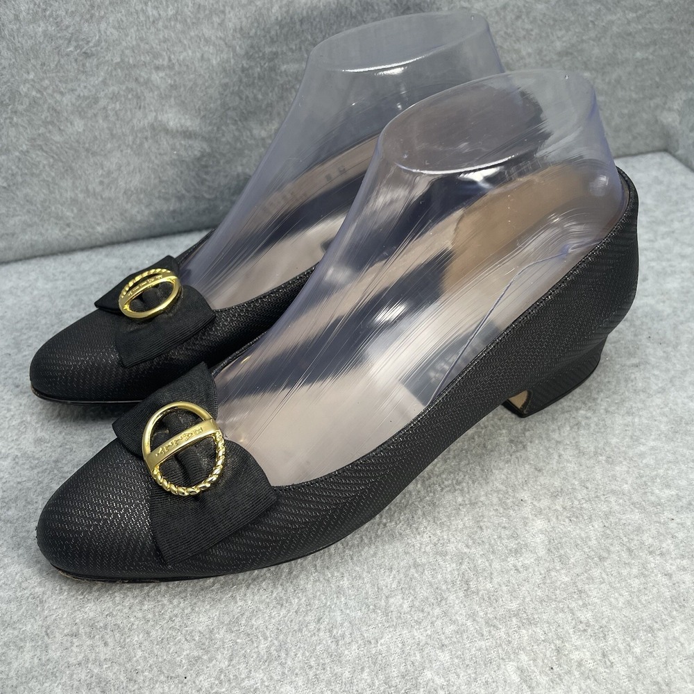 Bally Daisy Women's 6M Black Leather Slip-on Flats Gold Buckle Bow Vintage Shoes